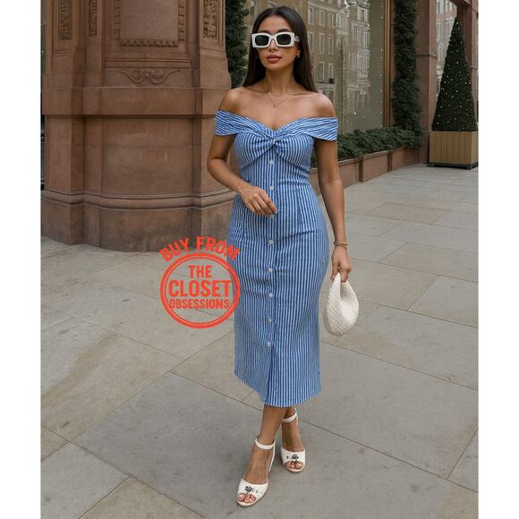 MANGO Off-Shoulder Striped Midi Dress 💙🤍 NWT - Picture 4 of 16